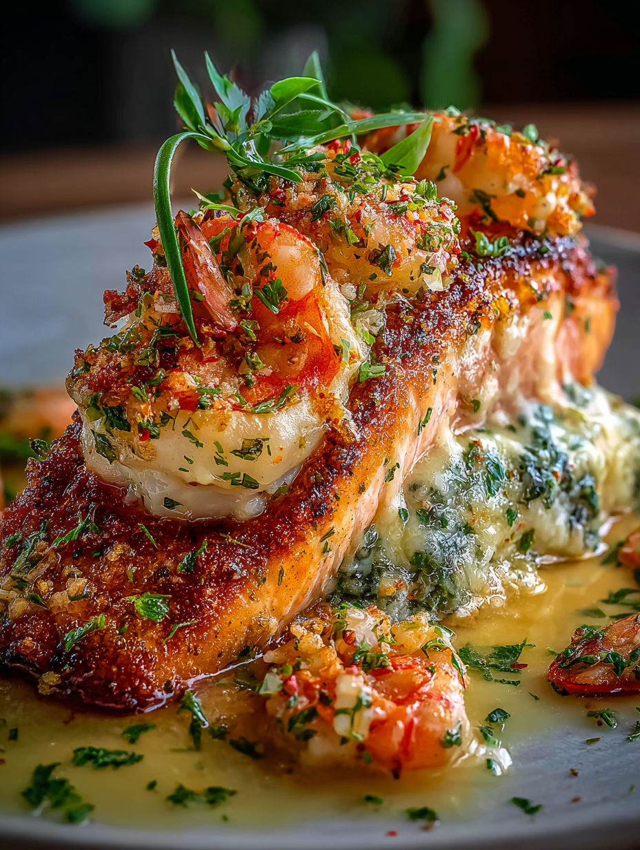 A close up of a piece of cooked fish with crab and shrimp on top.