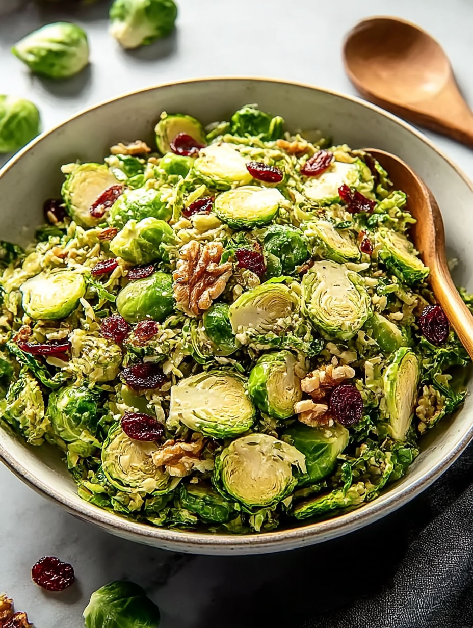 Bowl full of Brussels sprouts salad with nuts and raisins.
