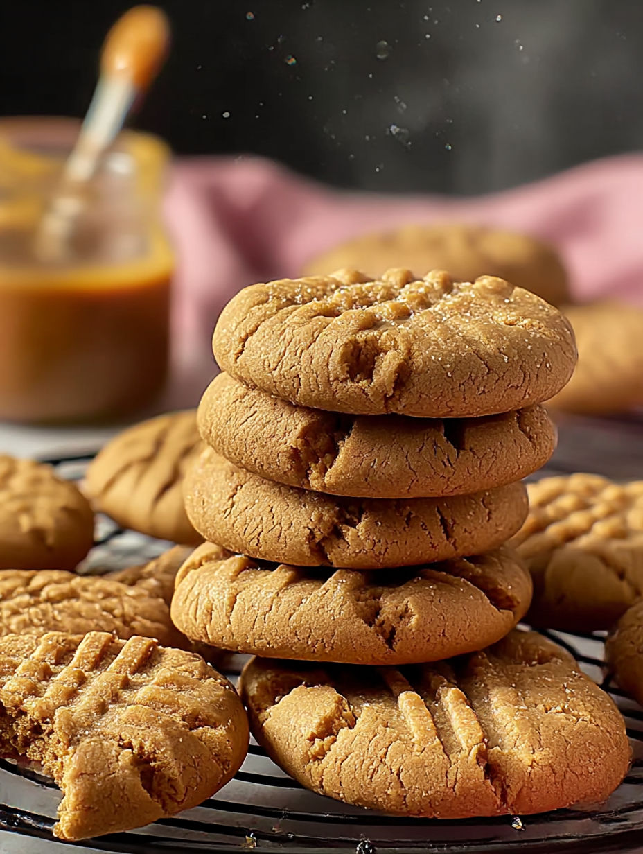 Stack of peanut butter cookies cooling on a rack.