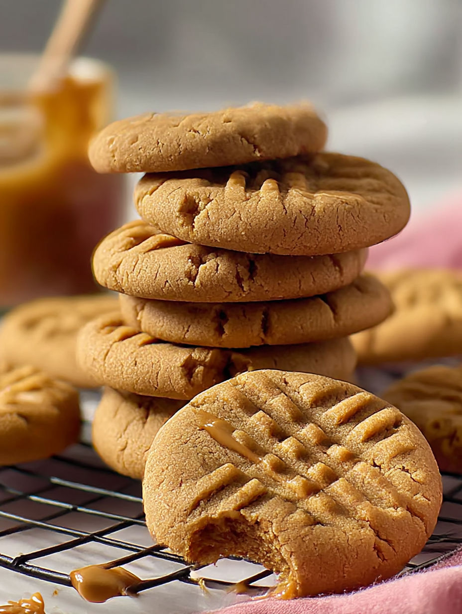 Cooling rack with peanut butter cookies stacked.