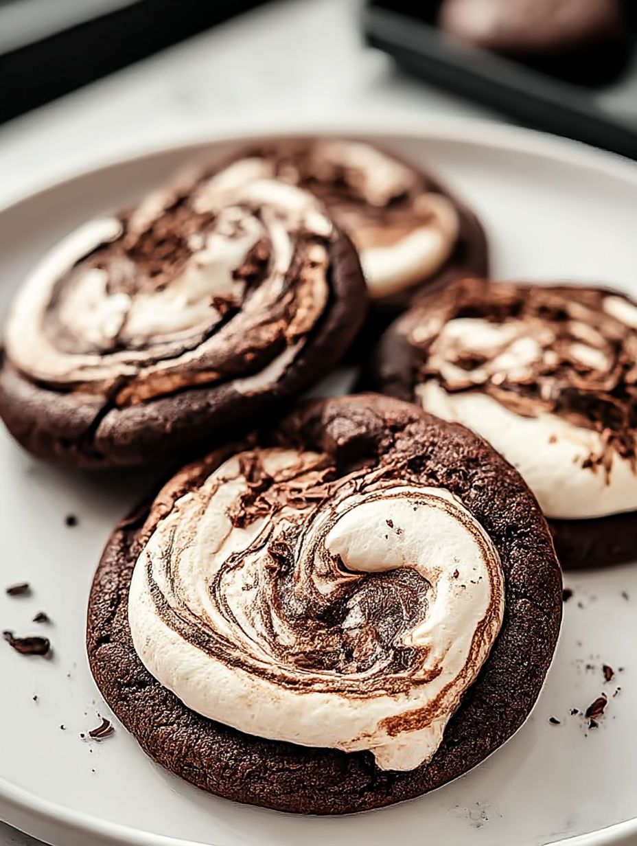 Plate with chocolate marshmallow swirl cookies.