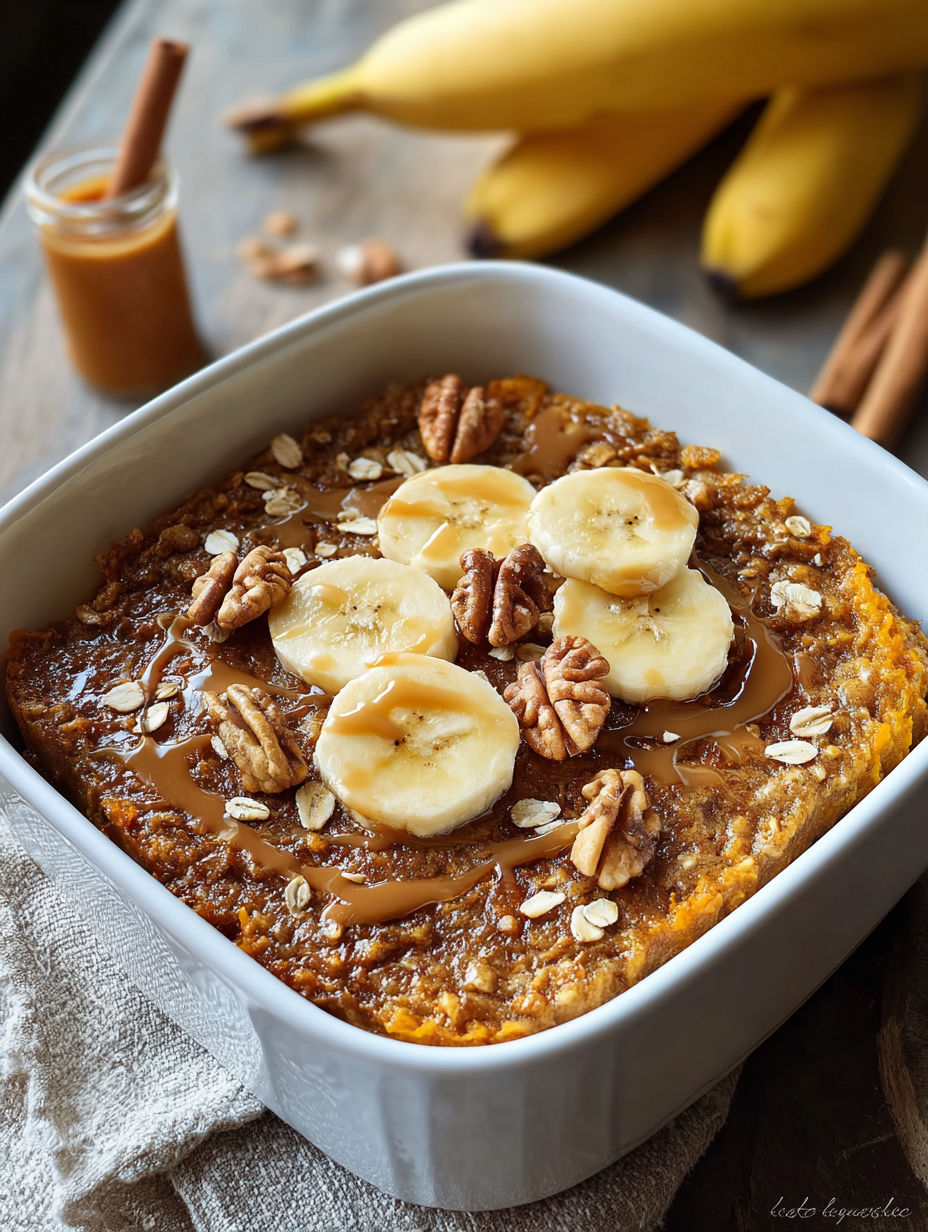Bowl of baked oats with banana slices and pumpkin