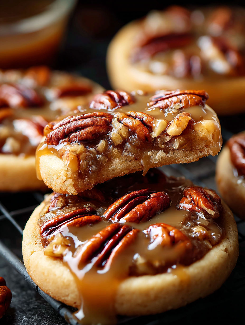 Pecan pie cookies topped with caramel sauce.