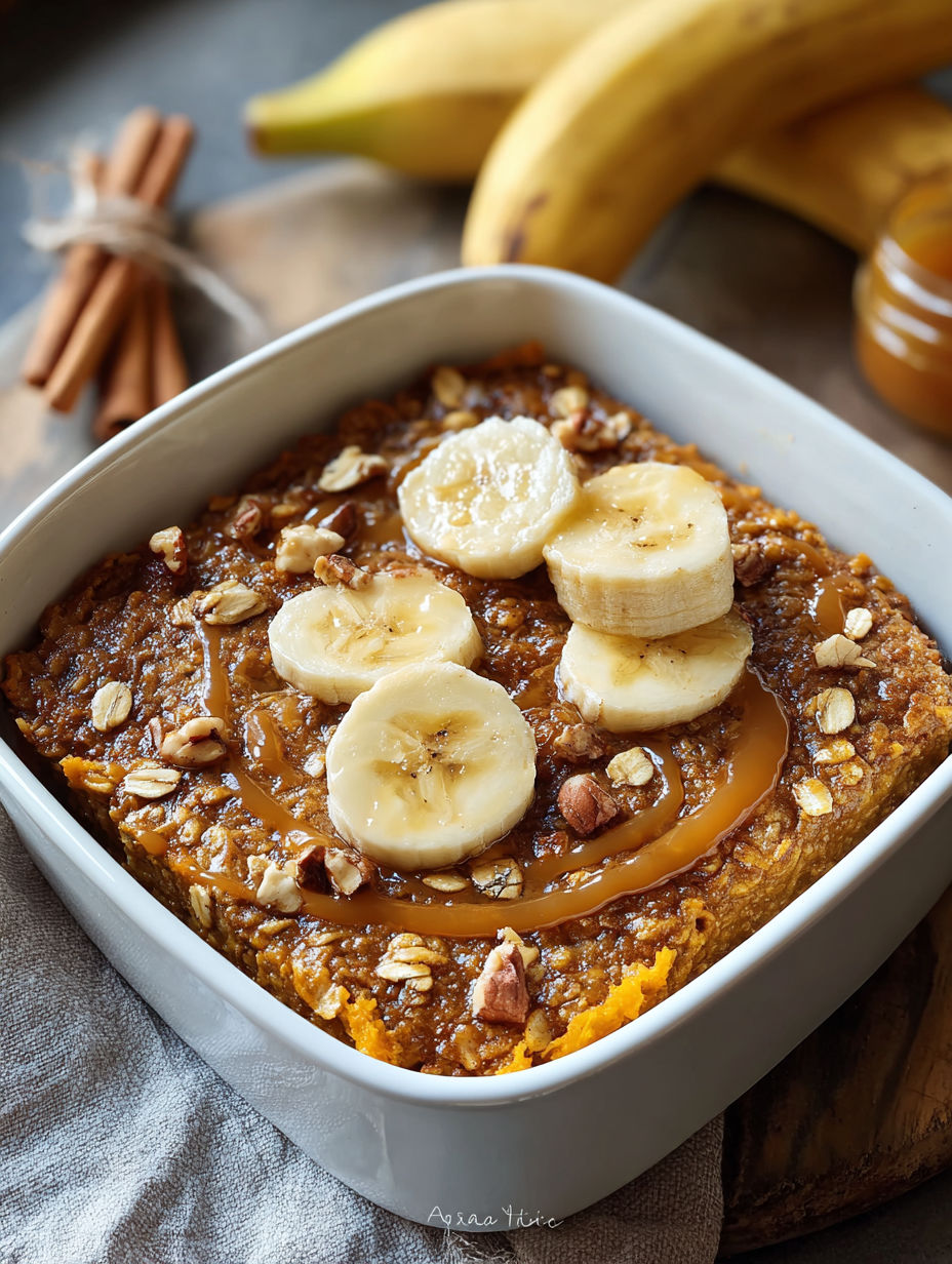 A bowl of baked oatmeal with bananas and pumpkin.