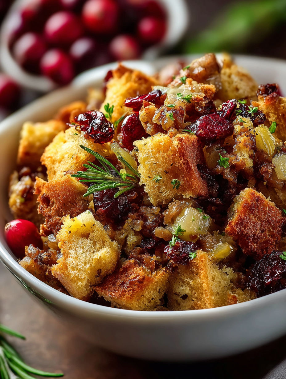 A bowl of cranberry apple stuffing.