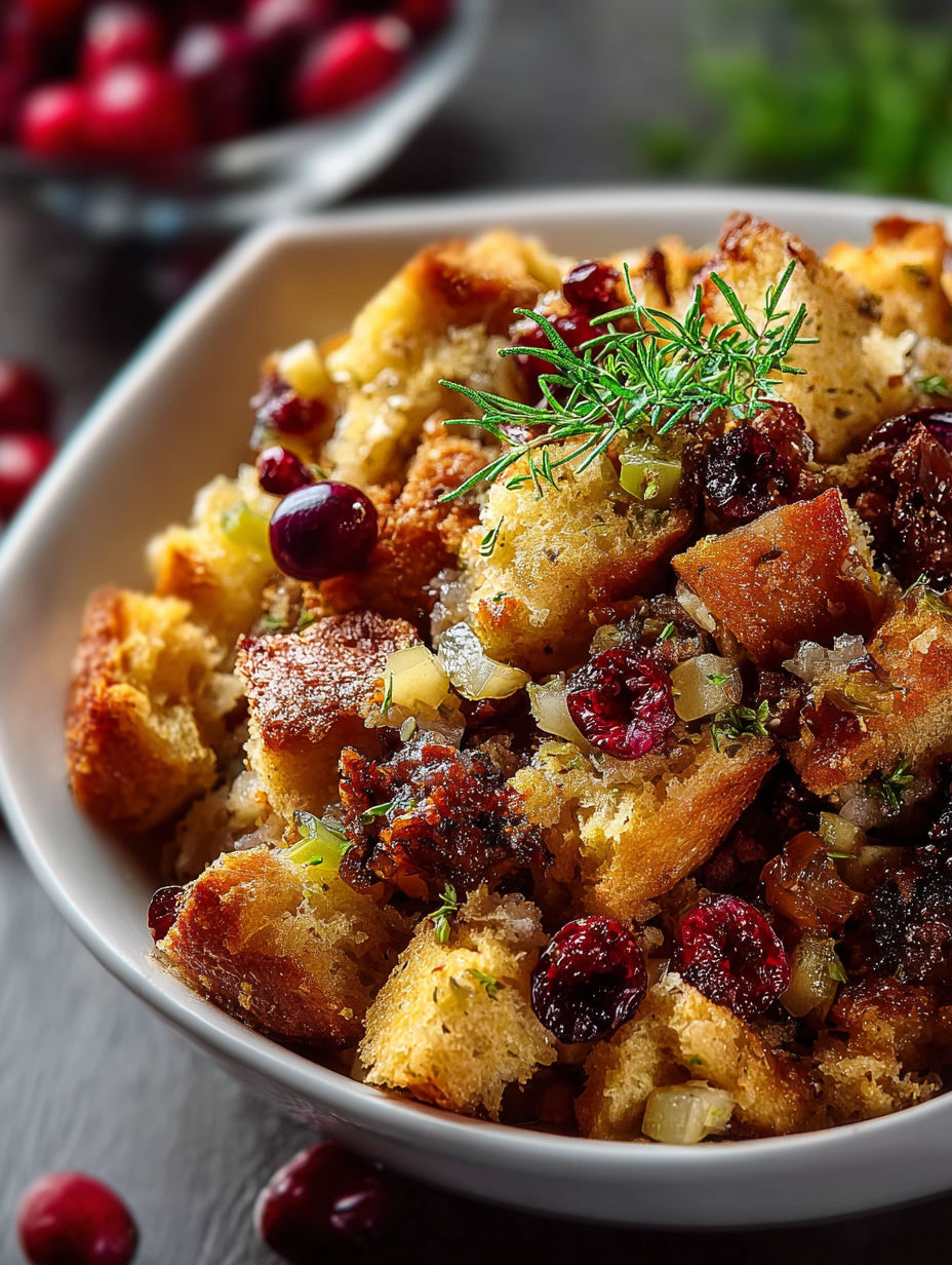 A bowl of cranberry apple stuffing.