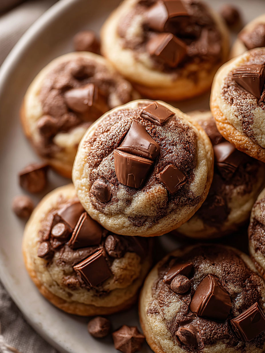 A plate of chocolate chip cookies with chocolate drizzled on top.