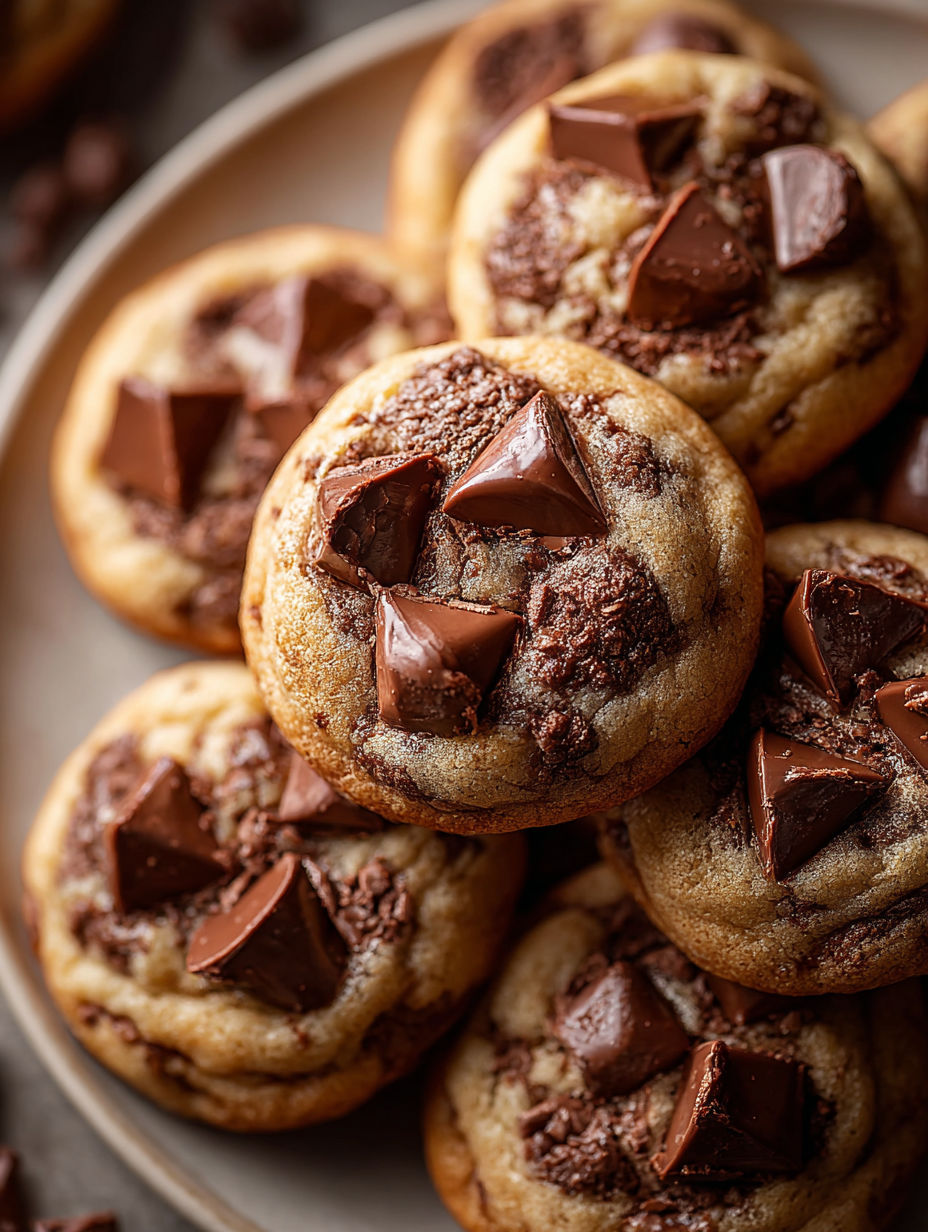 A plate of chocolate chip cookies with chocolate drizzled on top.