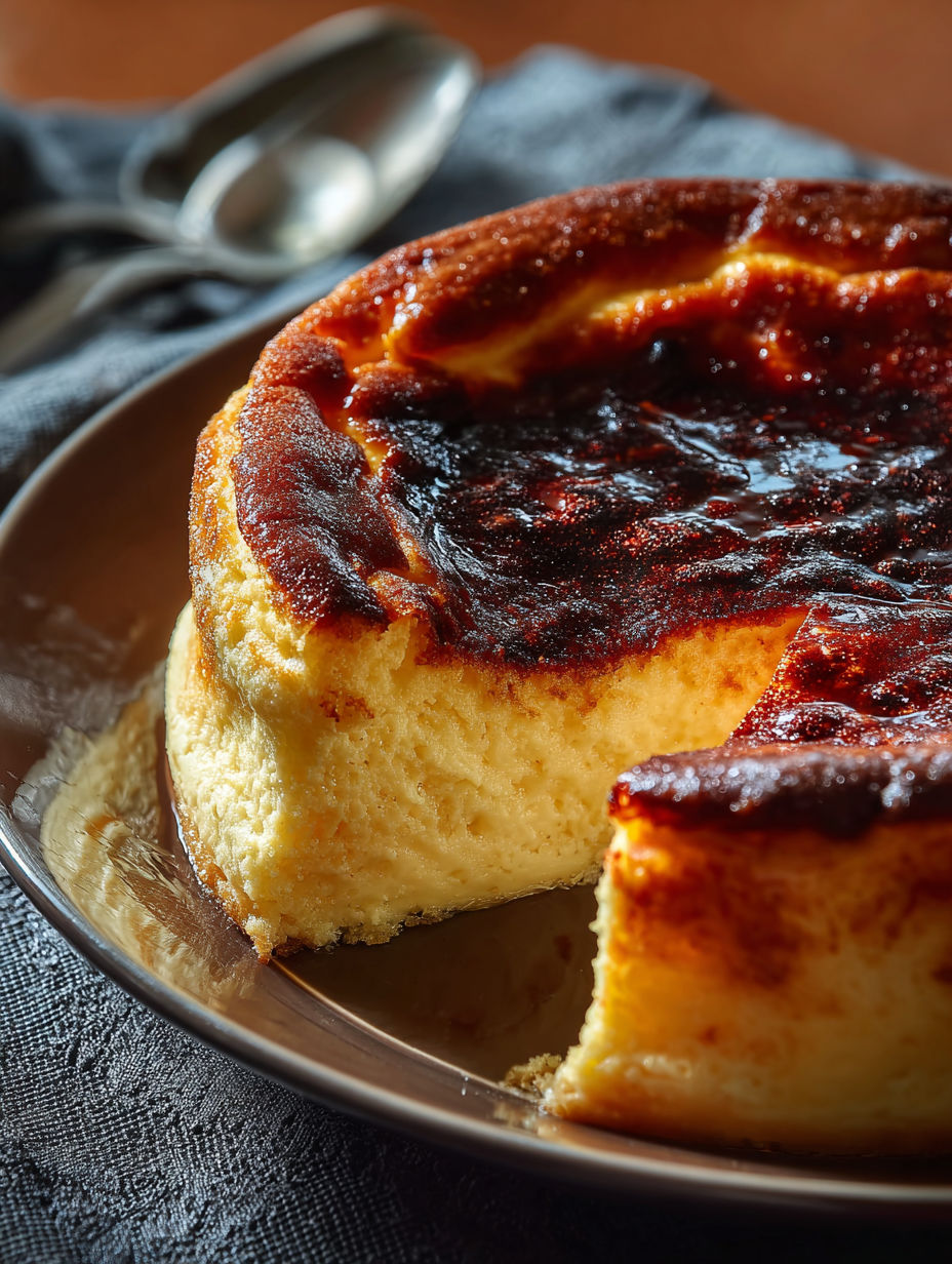 Slice of burnt Basque cheesecake.
