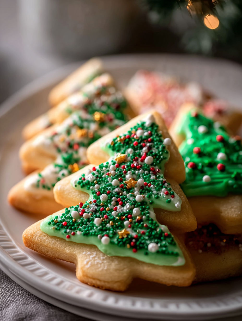 Plate holding Christmas tree cookies.