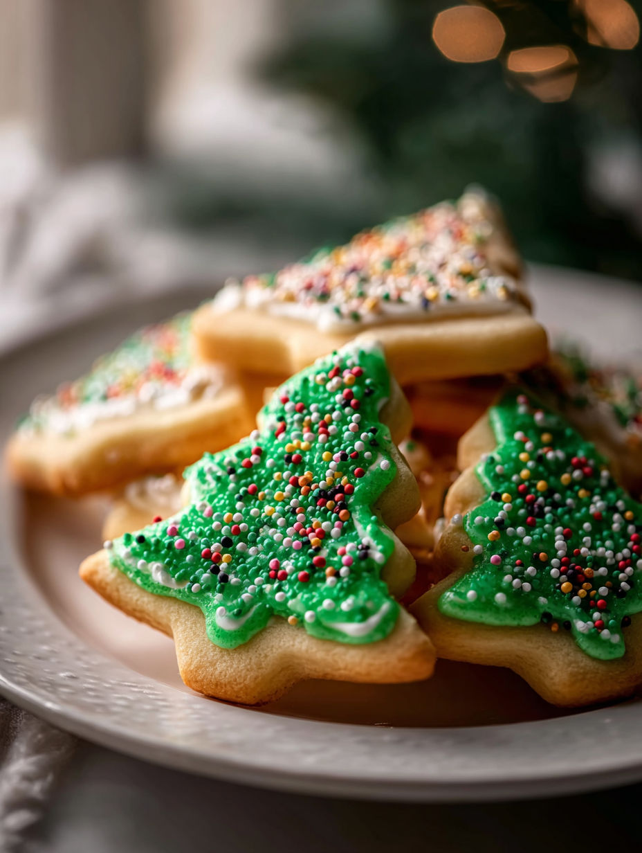 Plate filled with Christmas tree cookies.