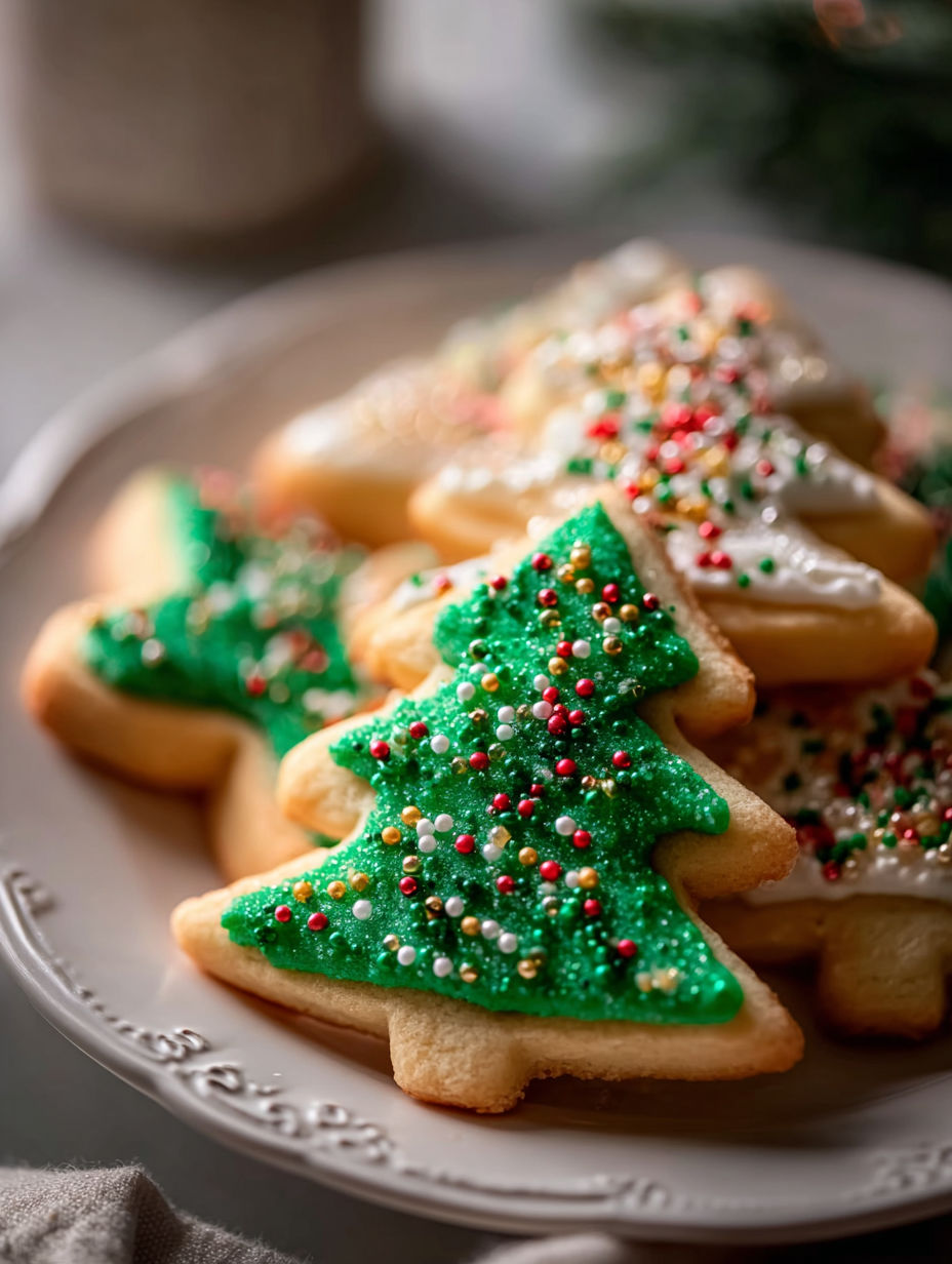 Assortment of Christmas tree cookies on a plate.