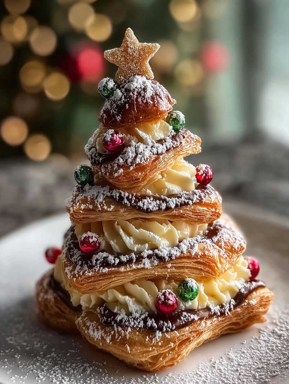 Christmas tree-shaped pastry with puff layers.