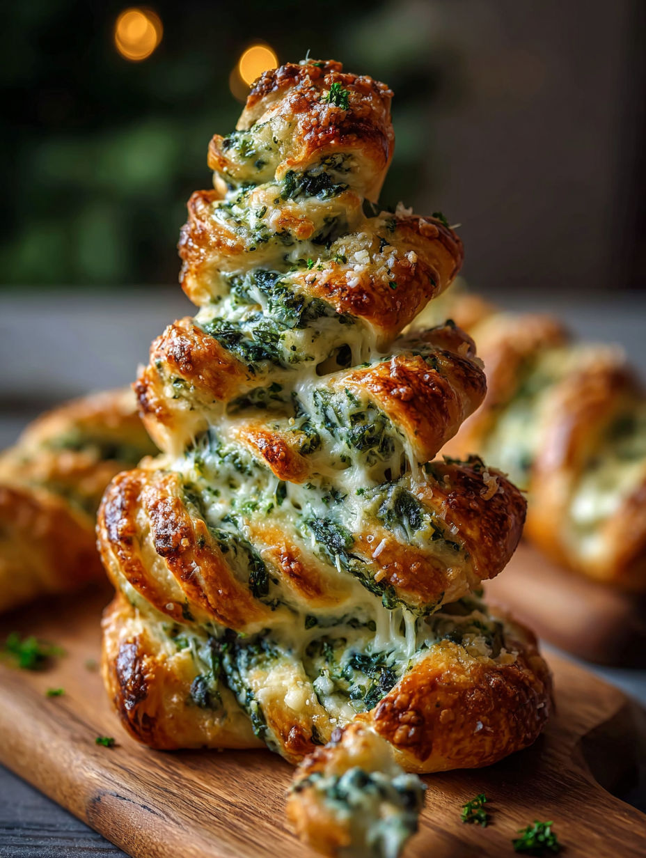 A stack of breadsticks with spinach dip on top.