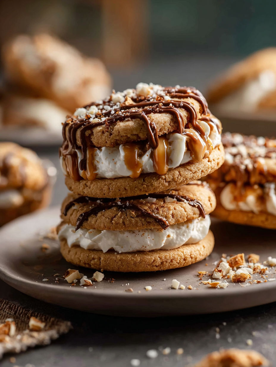 Cookies on a plate decorated with white icing and chocolate drizzle.