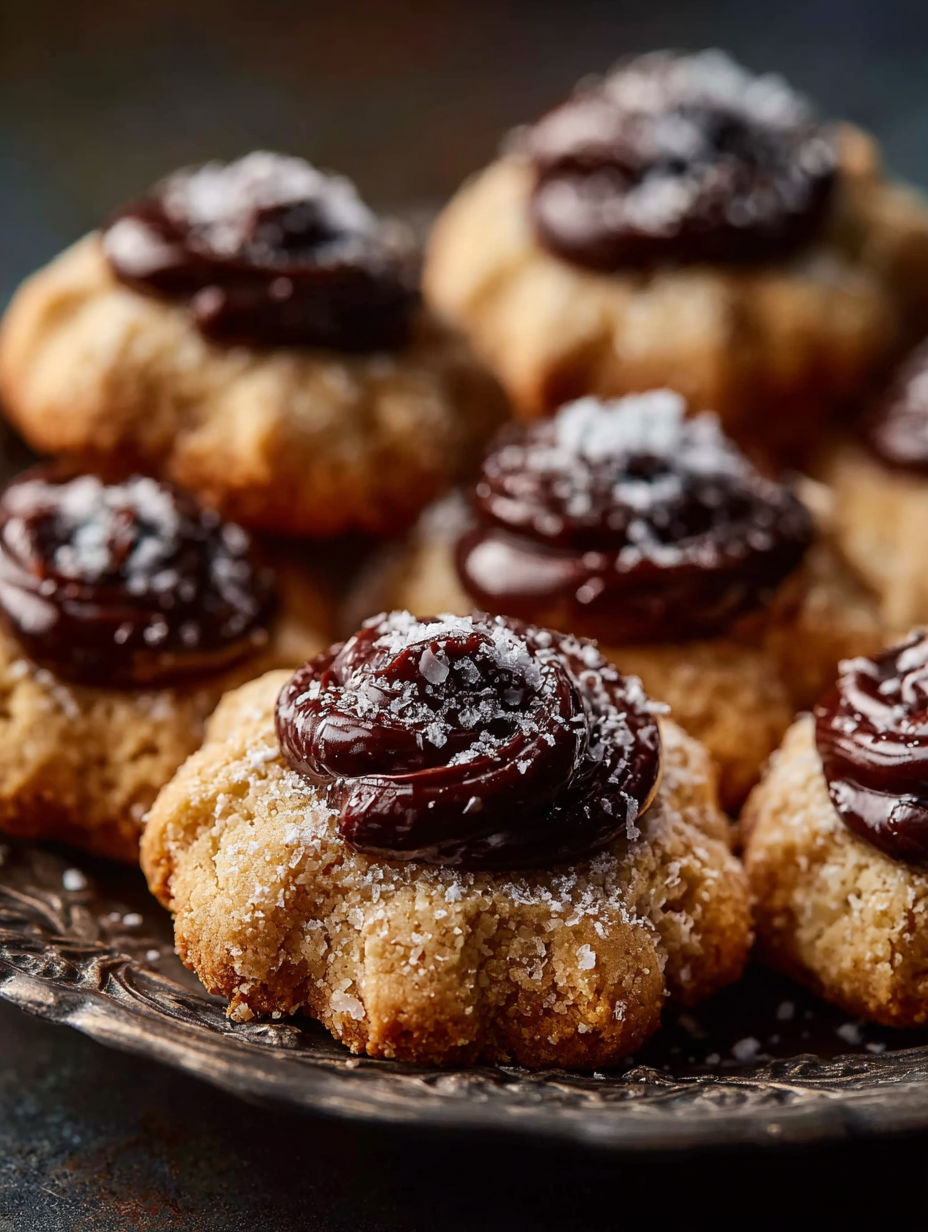 A plate of Italian Cannoli Cookies with buttery thumbprint centers.