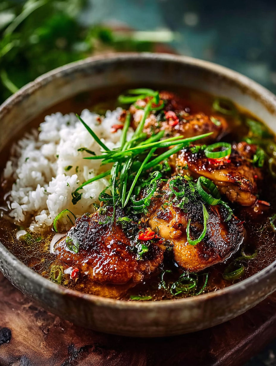A bowl of caramelized soy chicken in garlic ginger broth with rice.