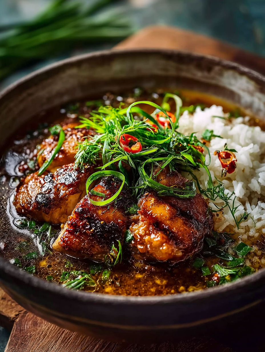 A bowl of food with rice and chicken.