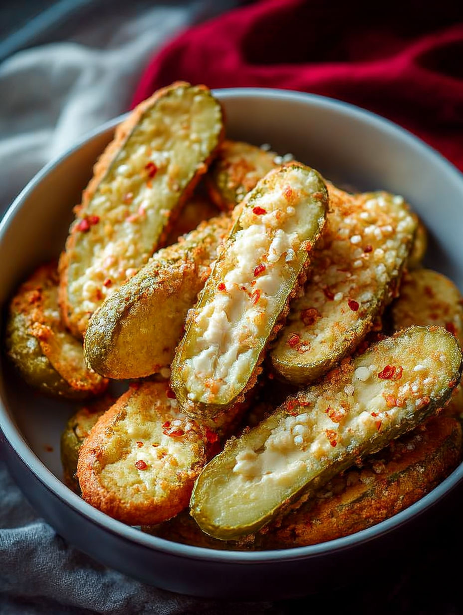 A bowl of air fryer pickles.