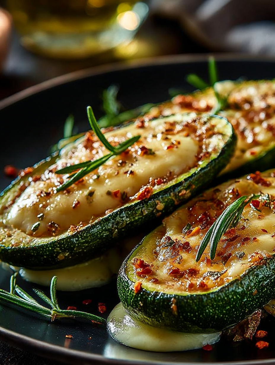 Garlic zucchini steaks topped with melted cheese.