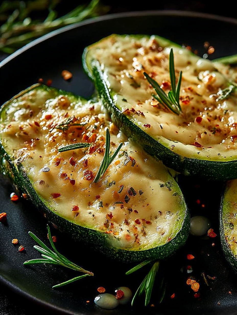 A plate of grilled zucchini with cheese and garlic.