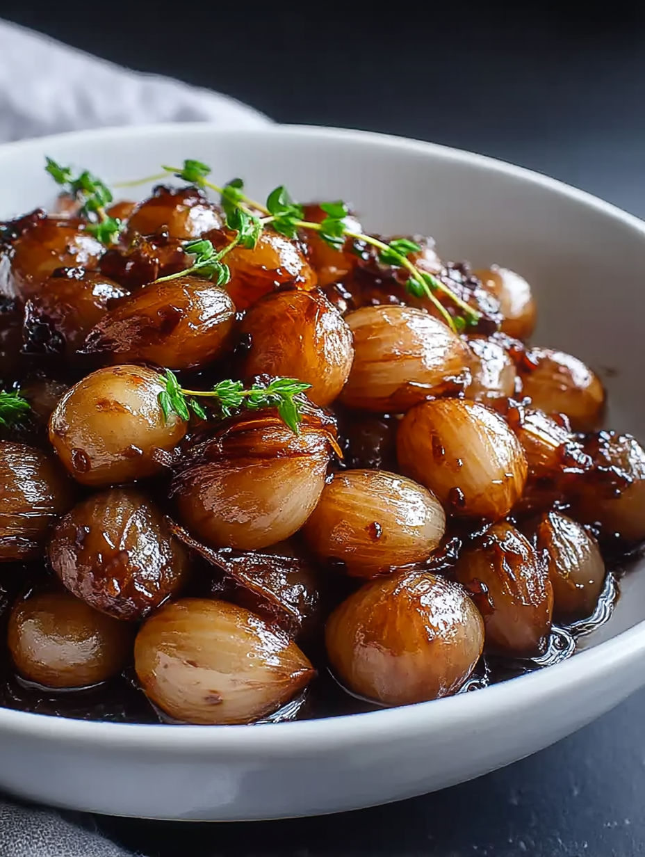 A white bowl filled with balsamic glazed pearl onions.