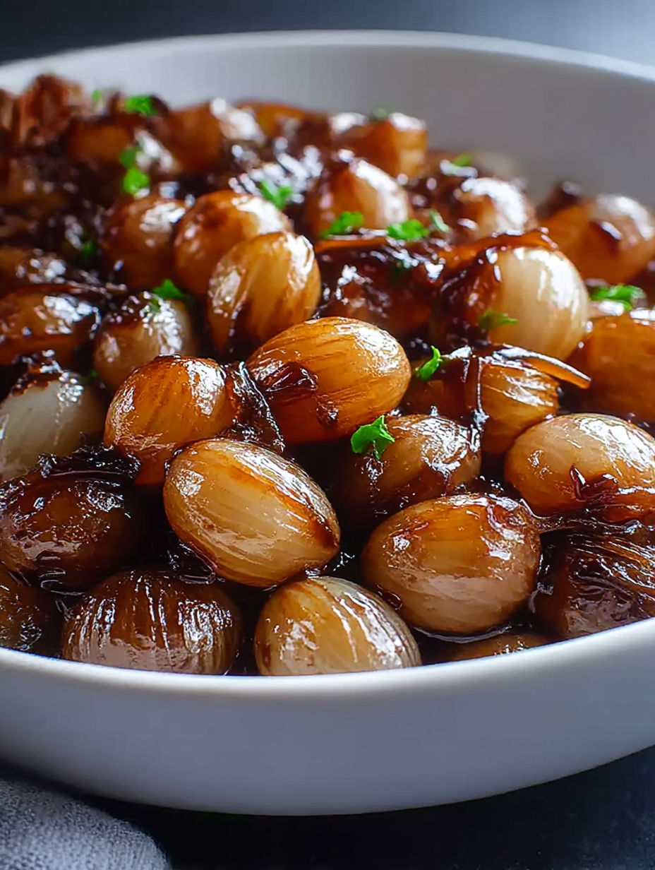 A bowl of balsamic glazed pearl onions.