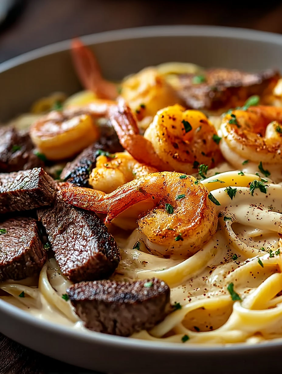 A bowl of Cajun Shrimp and Steak Alfredo Pasta.
