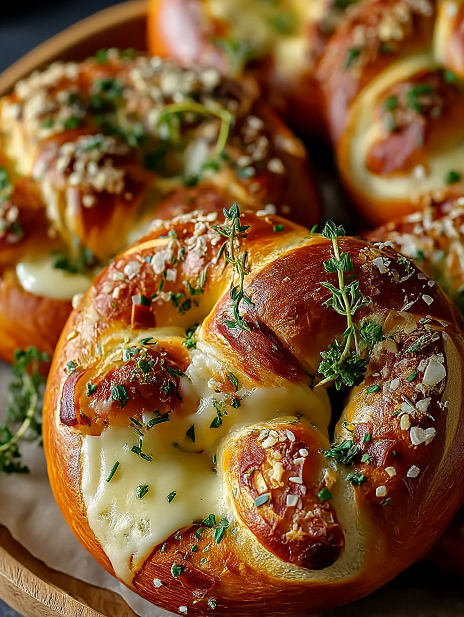 Herbed soft pretzels filled with mozzarella cheese.