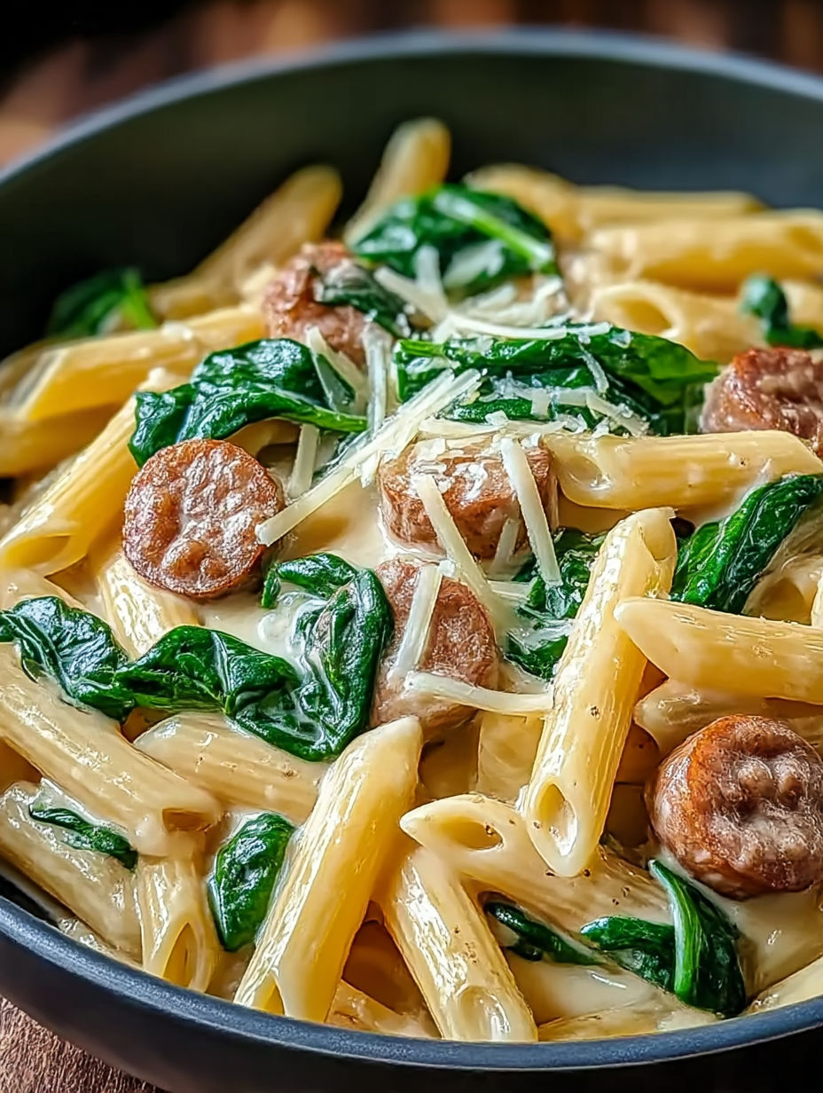 A bowl of pasta with spinach and sausage.