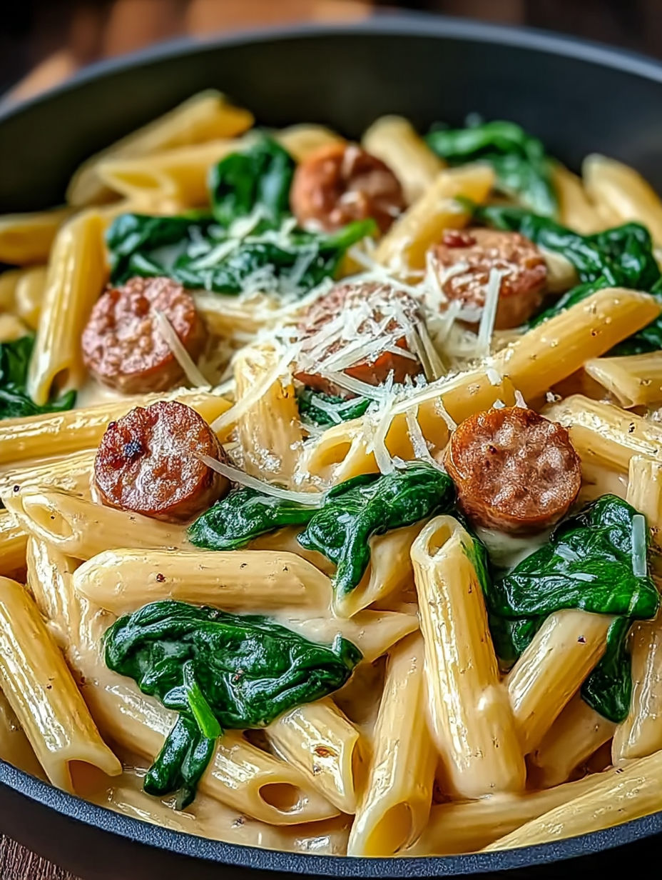 One-pan creamy penne with spinach and Italian sausage looking delicious.
