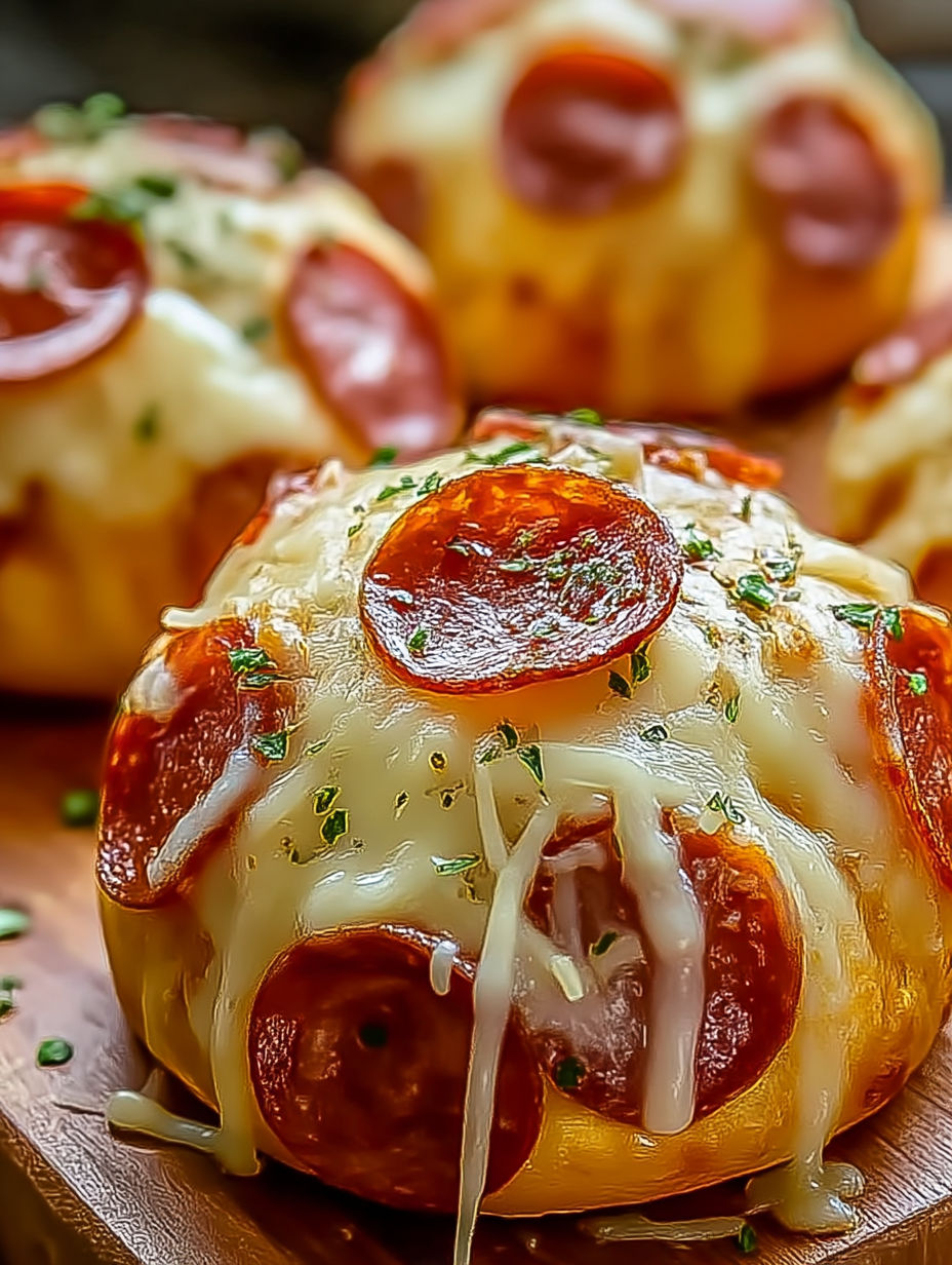 Cheesy pepperoni pizza bombs on a wooden table.