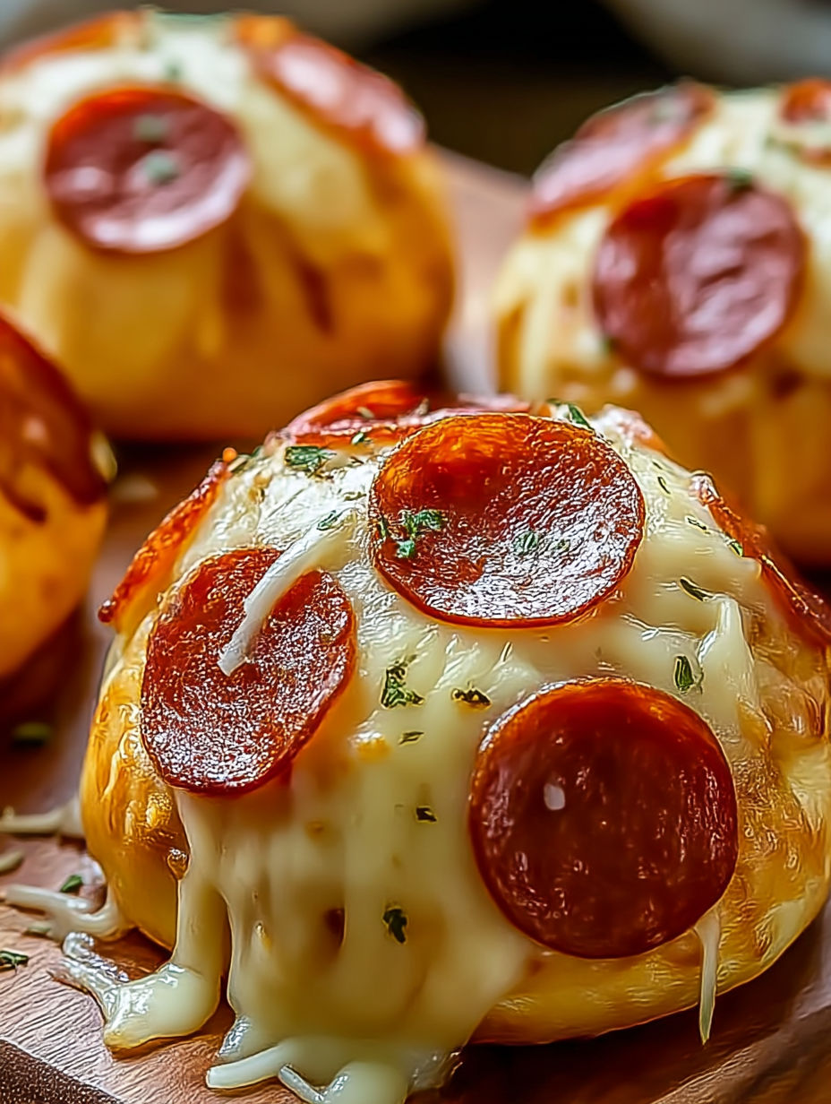 A close up of a cheesy pepperoni pizza bomb.