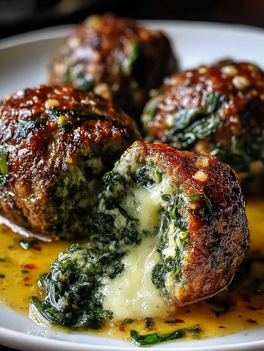 Mozzarella-stuffed meatballs with spinach inside