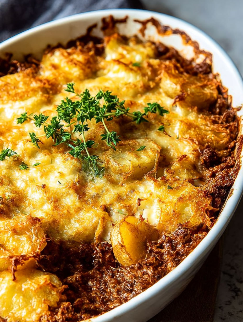 A bowl of hobo casserole with a green herb on top.