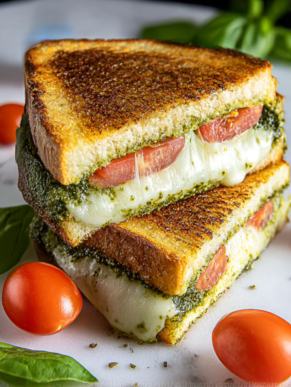 A stack of grilled cheese sandwiches with pesto.