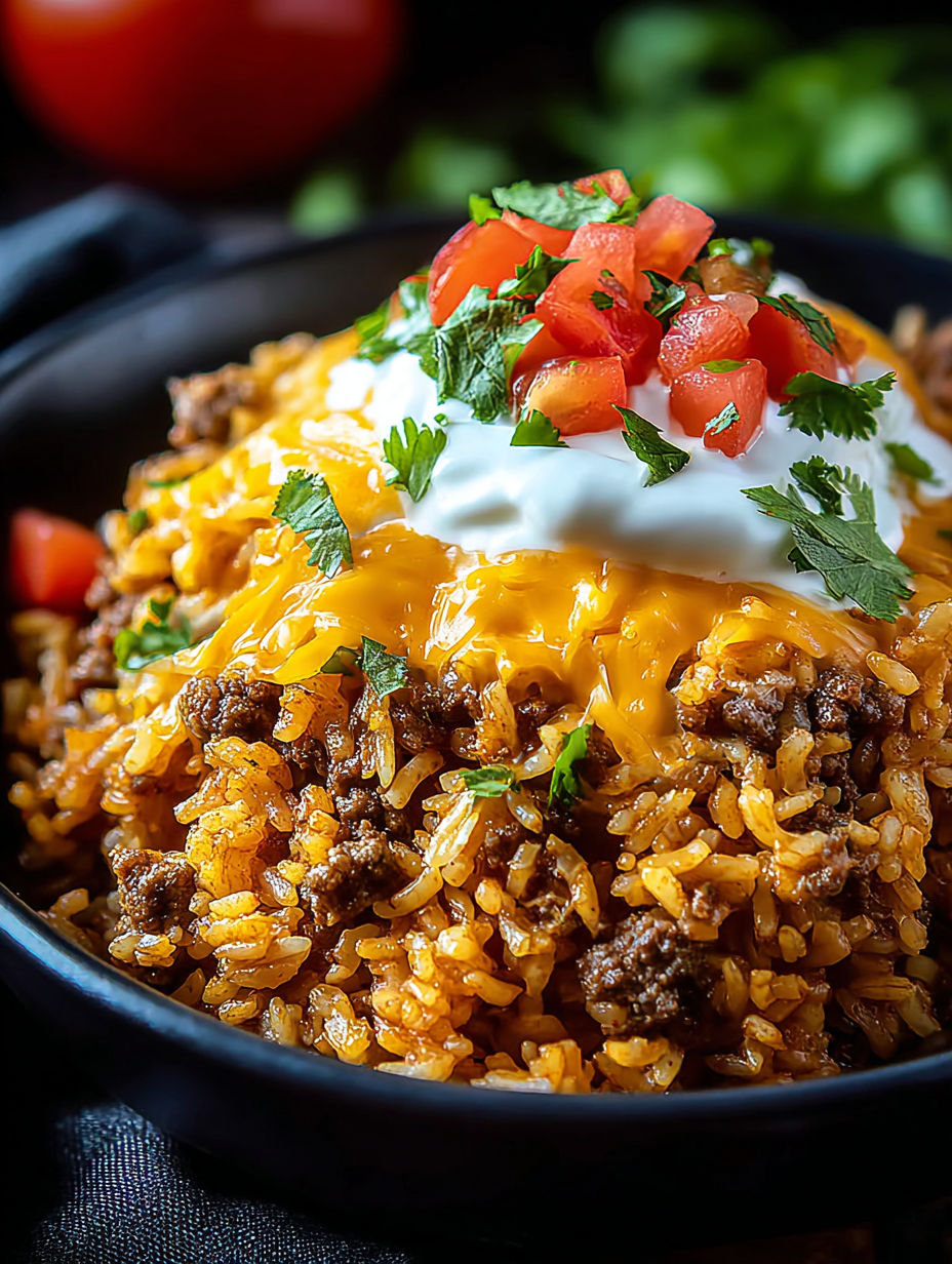 A bowl of food with a white cheese on top.