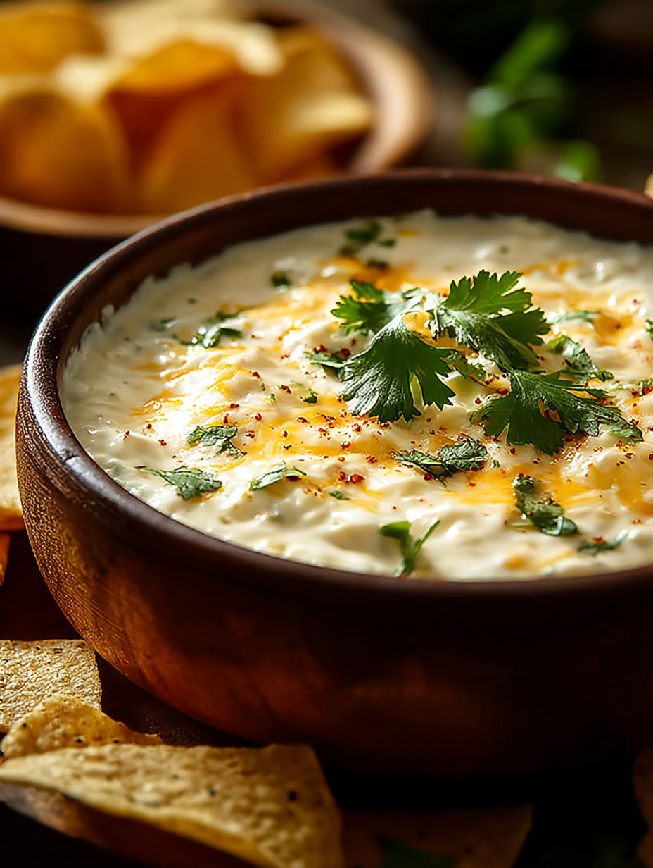 A bowl of white cheese dip with chives and cilantro.