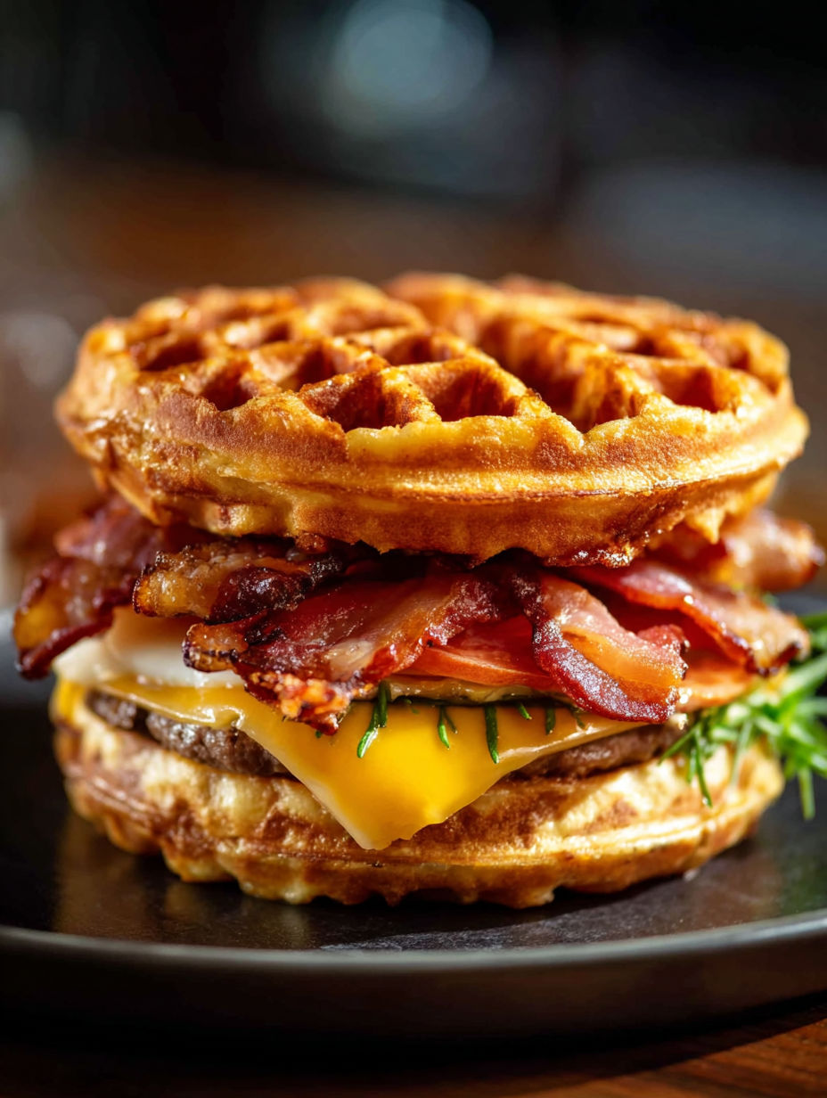 Burger with bacon and waffle on top.