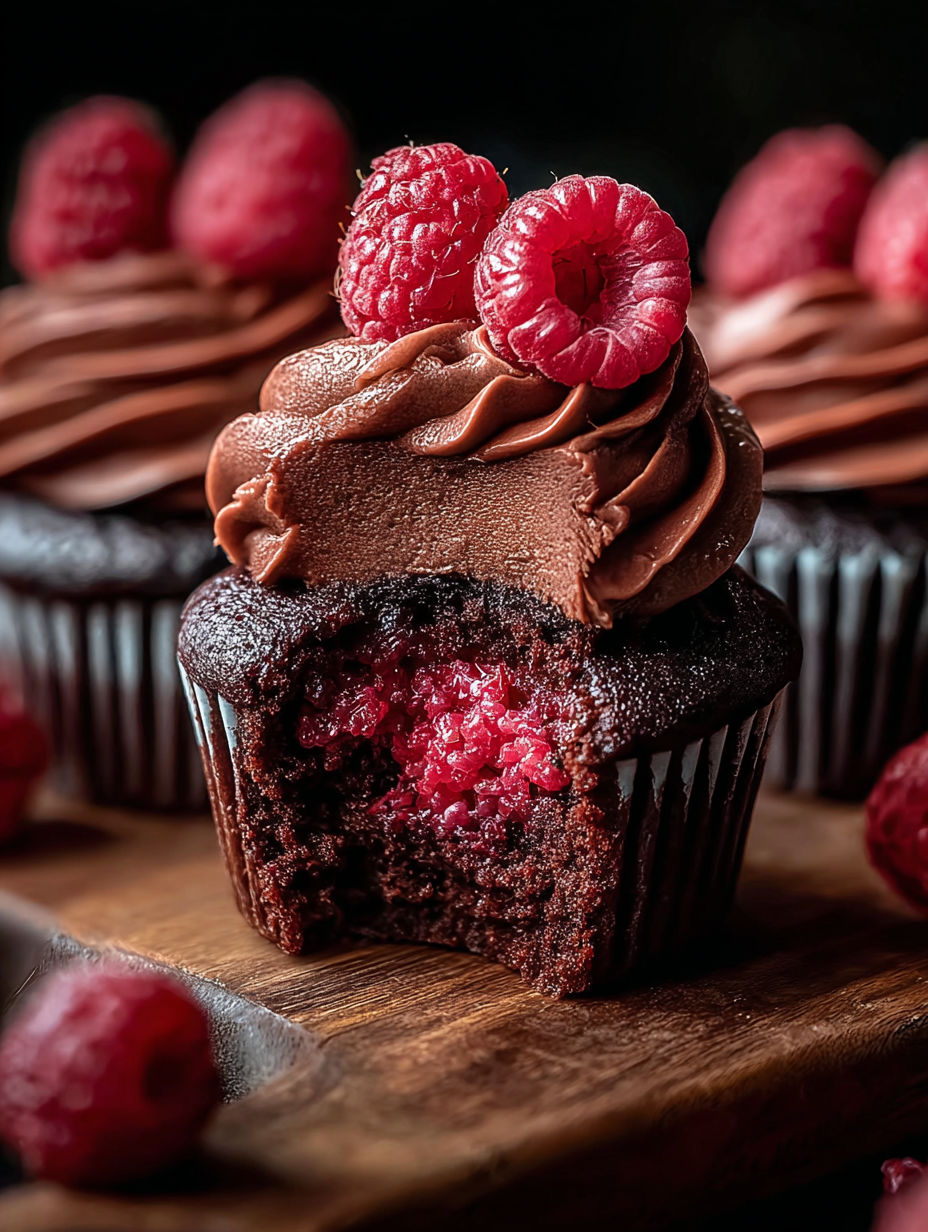 A chocolate cupcake with a raspberry on top.