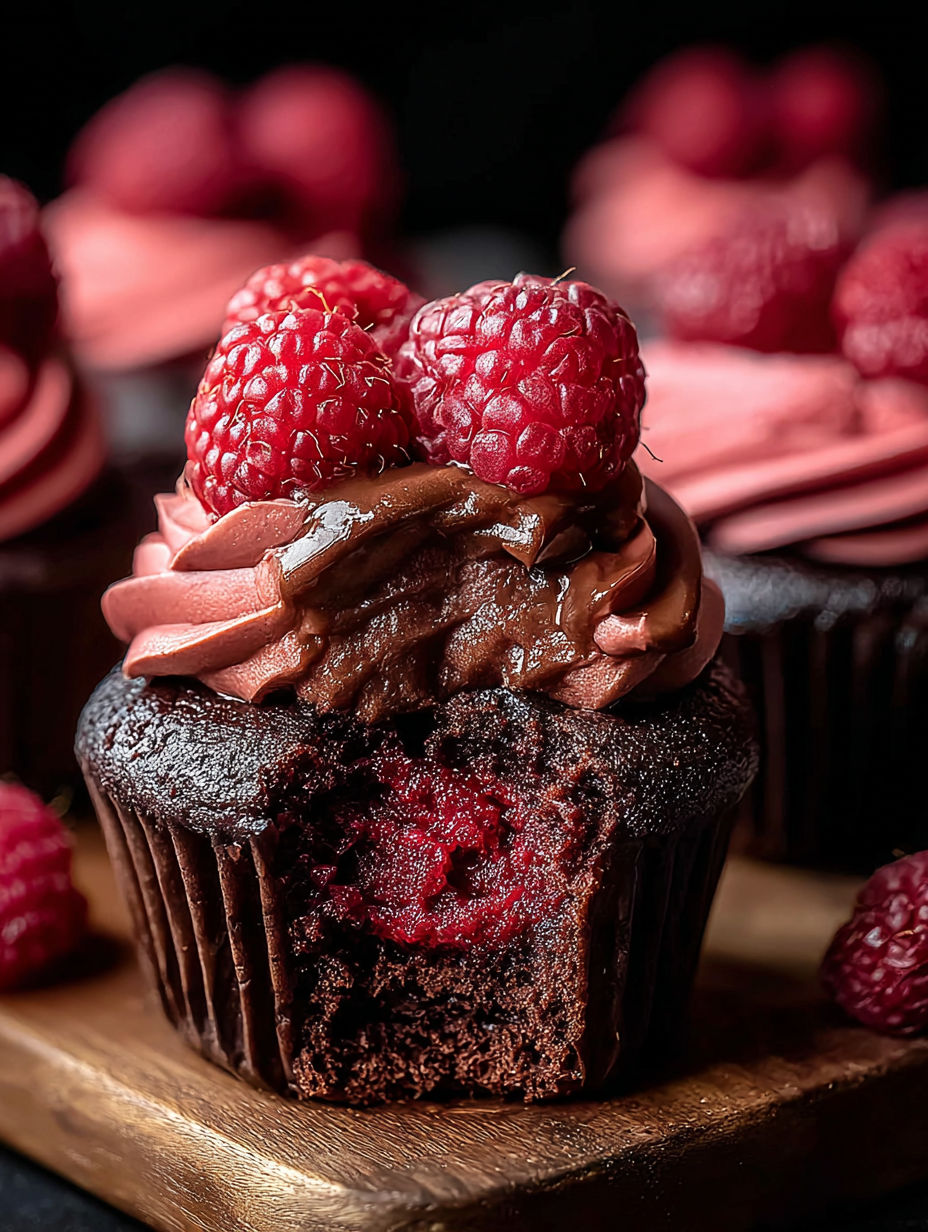 A close up of a chocolate cupcake with raspberries on top.