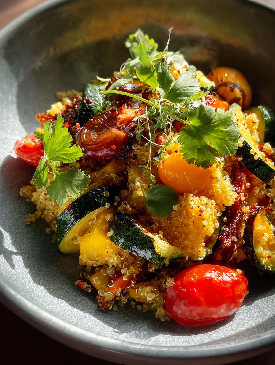 A bowl of vegetables with a green garnish.