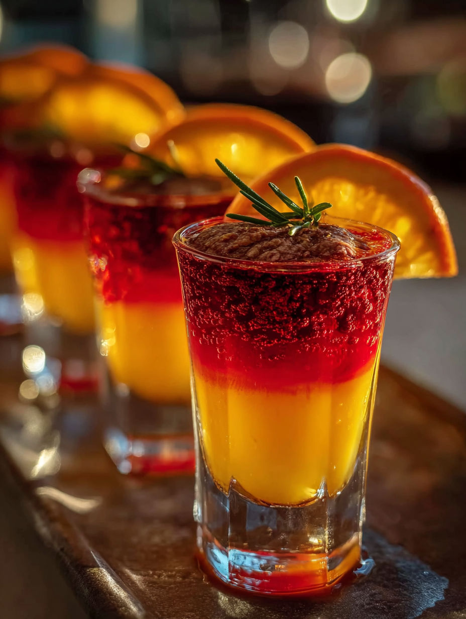 A glass of red and yellow liquid.