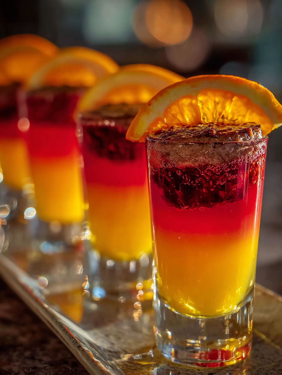 A glass of red, yellow and orange drink.
