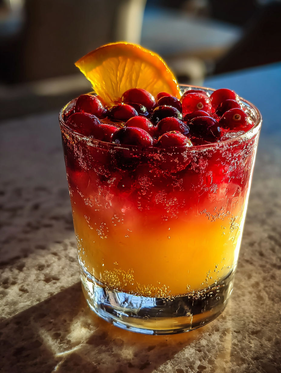 Red drink in glass topped with orange slice