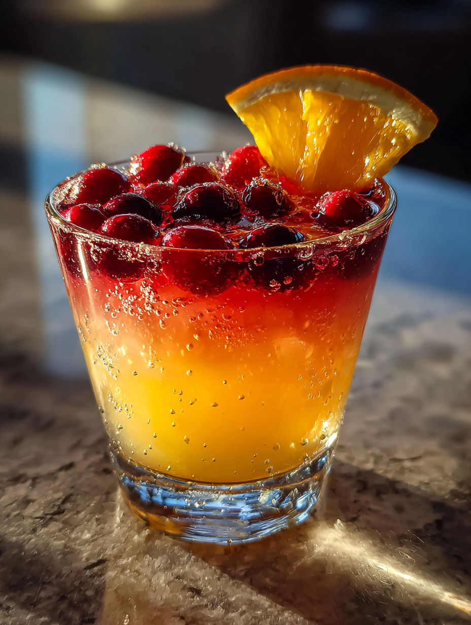 A glass of red wine with a slice of orange on top.