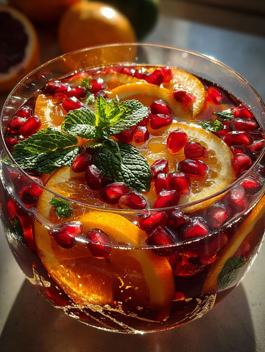 A cup of festive non-alcoholic Christmas punch with orange slices and pomegranate seeds.