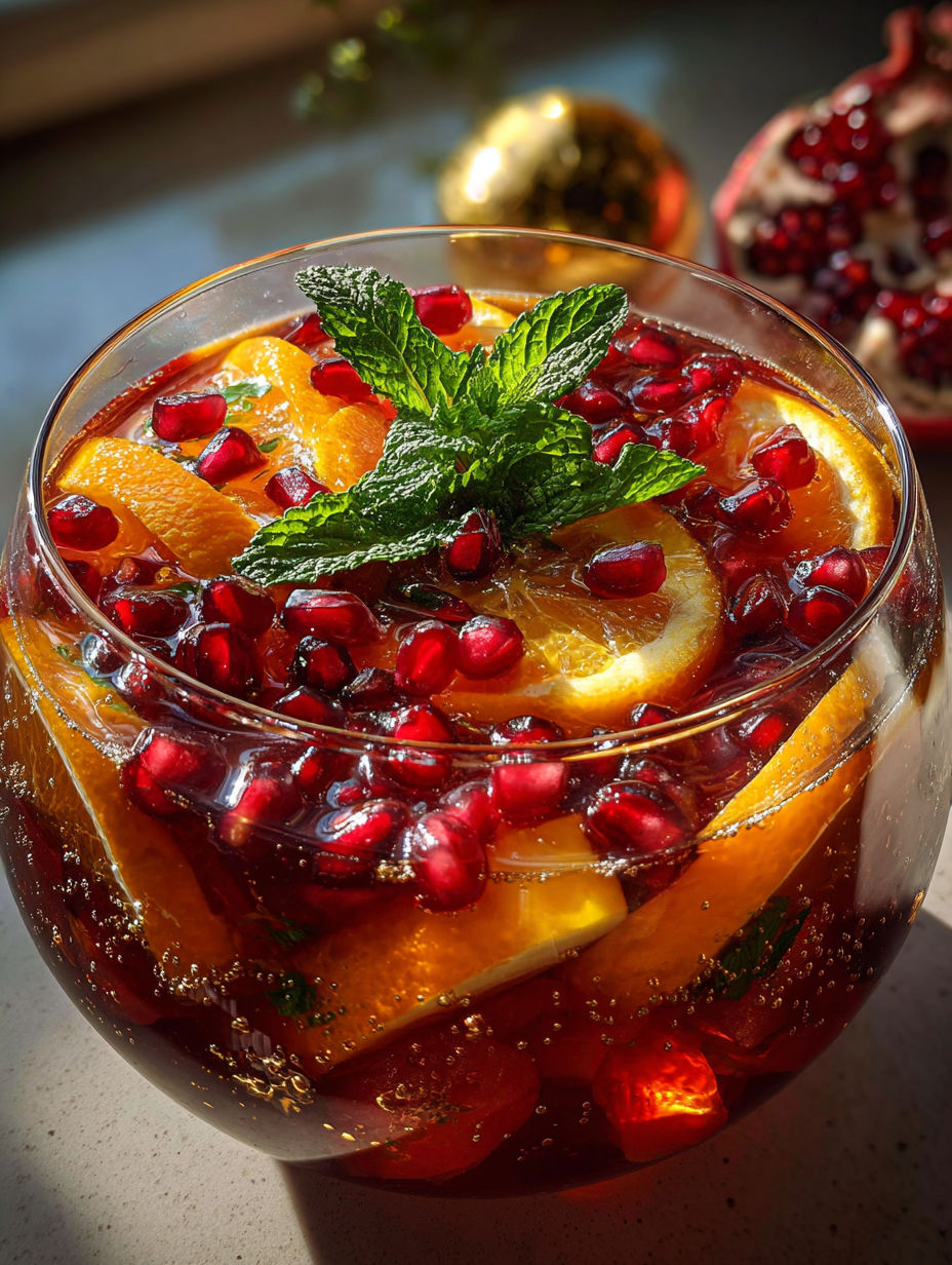 A glassful of Christmas punch without alcohol featuring orange slices and fresh mint.