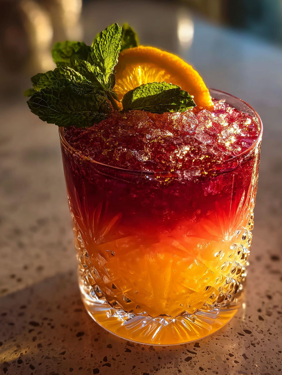 A drink in a glass with an orange slice on the rim
