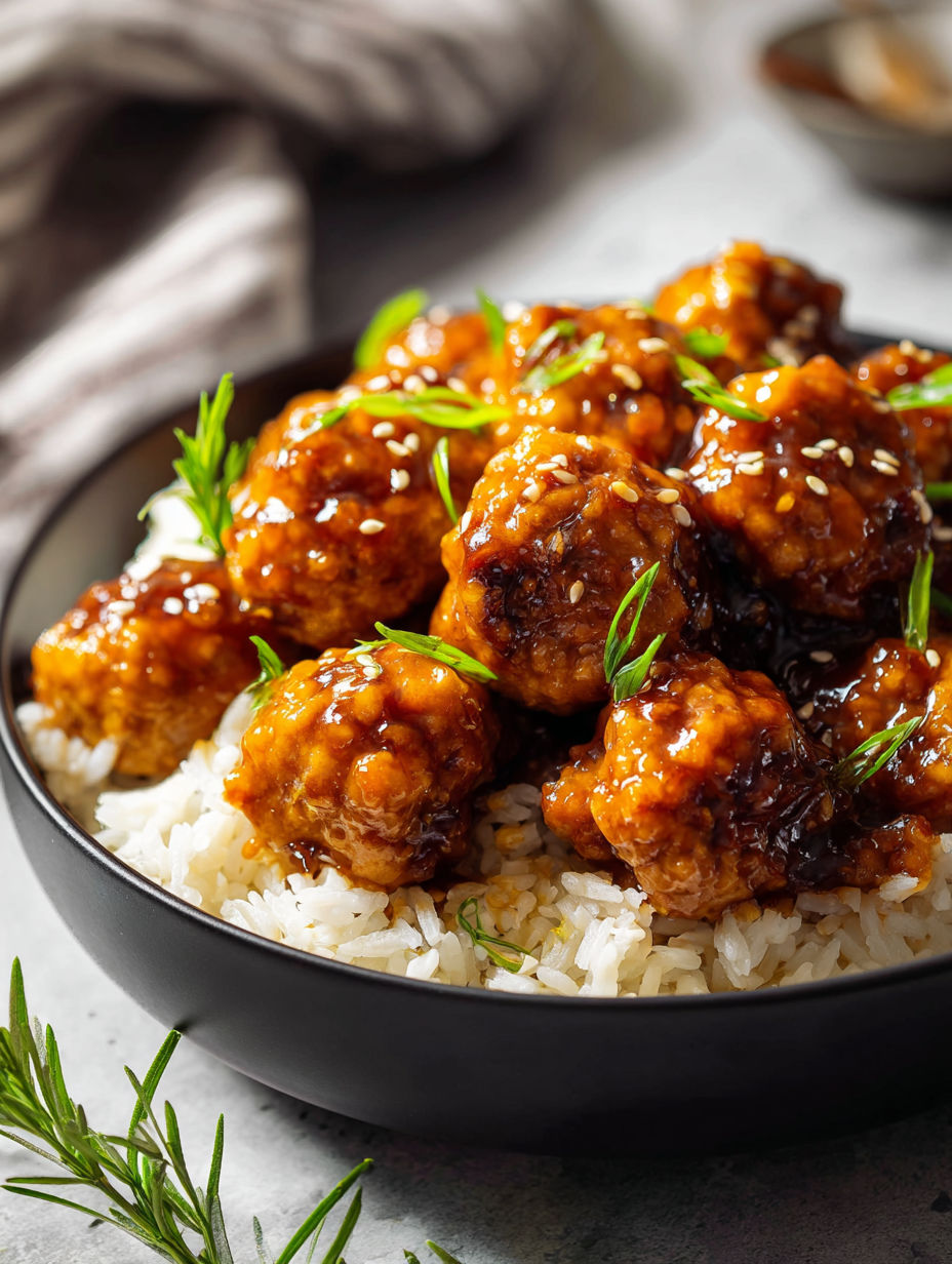 Bowl filled with meatballs and rice.